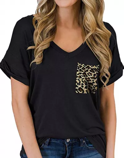 Leopard Print Pocket T Black